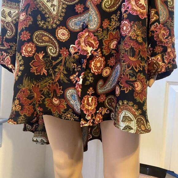 Spense Women Button Up Shirt 1X Black Brown Paisley Hi Low Coastal Sheer Long Sl - Picture 5 of 9